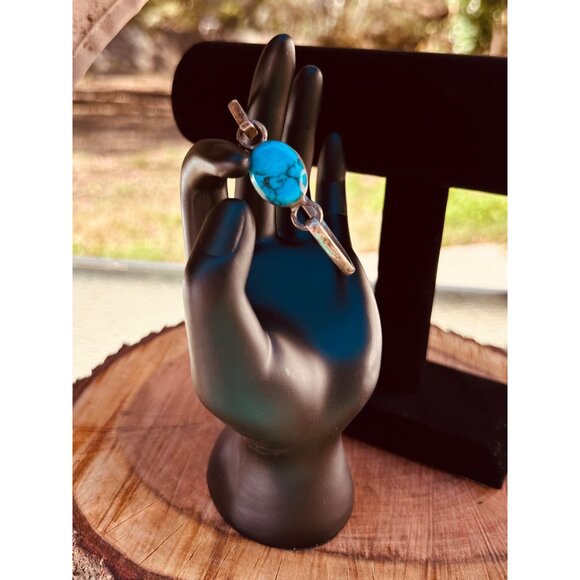 VTG Taxco Mexico Signed 950 SS Britannia Turquoise Bangle Bracelet Sz 7  23.7g - Picture 3 of 10